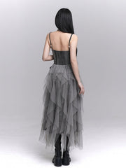 Gothic Gray Tulle Slip Dress with Rose Accents & Cascading Ruffles