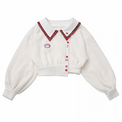 Regular/Thicken White Knit Crop Sweatshirt with Red Plaid Collar and Apple Embroidery