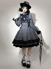 Classic Black Pinstripe Gothic Lolita Dress with Petite Ruffle Collar & Lace Trim Details