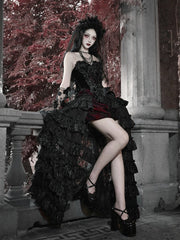V-neck Vampire Velvet Corset with Organza Flowers and Black Beads