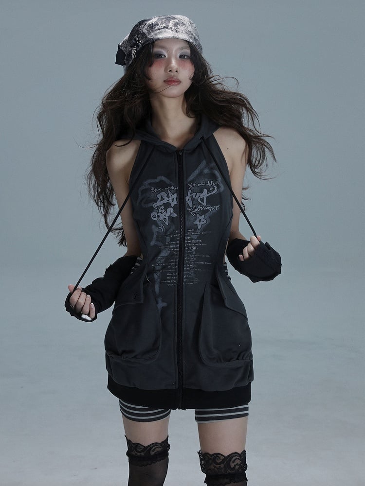 Punk Coordinated Streetwear Set: Dark Gray Zip-front Graffiti Cutout Hoodie Dress &  Striped Shorts