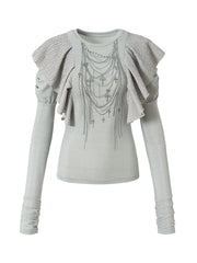 Dusty Blue Chain Print Top with Juliette Sleeves & Flutter Overlays