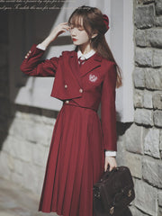 Red Notched Collar Embroidered Blazer with Gold-tone Buttons