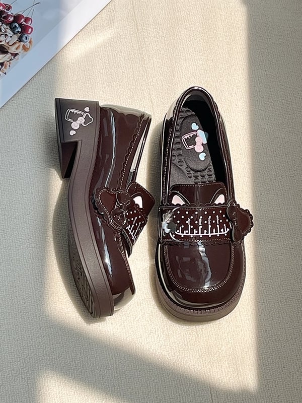 Clearance - Size 34 for Foot Length 22cm PU Brown Preppy Style Mid-heel Shoes - Milk Bottle Print with Slip-On Design & Cat Ear Accents