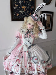 Clearance - Size XL for Bust 102cm Alice in Wonderland Vibes Pink Bunny and Teapot Print Apron Dress Sweet Lolita OP