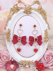 Jirai Kei Red Ruffle Trim Bowknot Heart Rhinestone Earrings