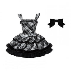 Black and White Plaid Pattern Winter Lolita Dress with Ruffle Details