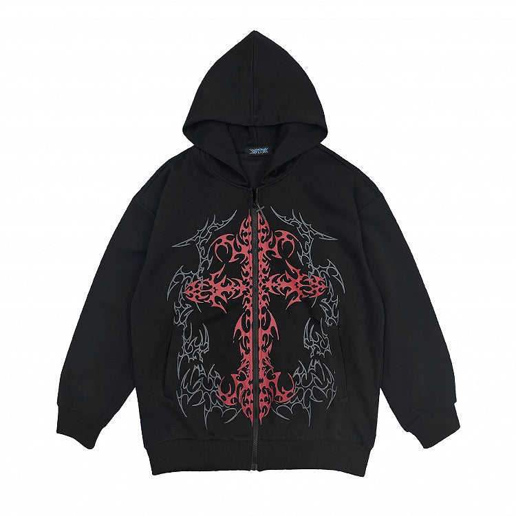 Gothic Thin/Thick Black Zip-Up Hoodie with Red Cross Print