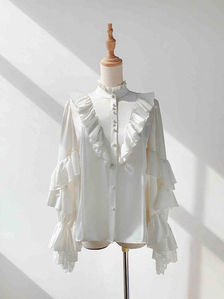 White Ruffle Neckline Prince Ouji Lolita Long Sleeves Shirt