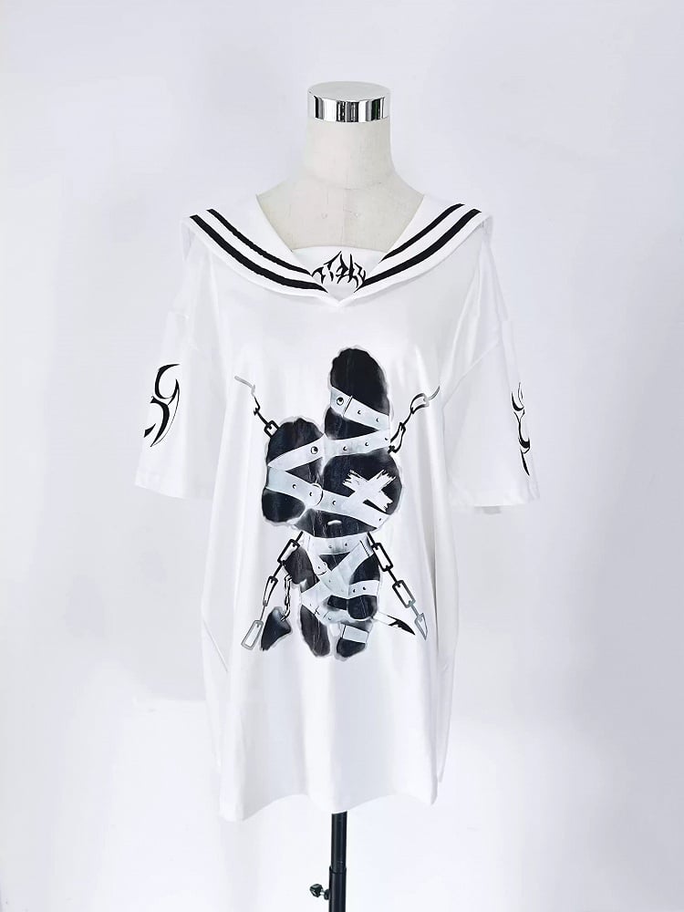 White Sailor Collar Cotton T-shirt with Gothic Restraint Bunny Print & Detachable Embroidered Chest Panel
