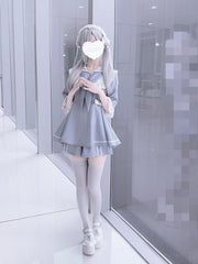 Light Blue Jirai Kei Full Set - Sailor Collor Detachable Sleeves Dress + Shorts + Free Scarf