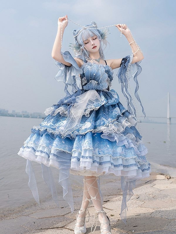Jellyfish-Inspired Blue Gradient Lolita Dress with Layered Ruffles and Bead Accents Full Set