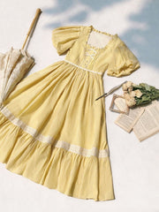 Yellow Plaid Sweet Lolita One Piece with Square Neckline and Short Puff Sleeves