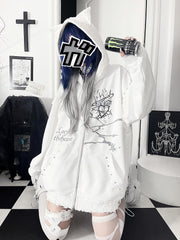 White Cat Ear Zip-up Studded Hoodie Jacketwith Gray Heart&Letter Print