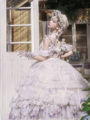 Blue Rosette Print Quinceanera Princess Dress Hanayome Lolita JSK Tiered Skirt Floor Length