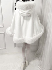 White Furry Jirai Kei Hooded Cape with Bow & Bead Chain Decor