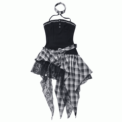 Red/Black & White Plaid Mesh Patches Handkerchief Hem Punk Rock Strapless Dress
