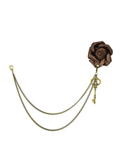 Vintage Punk Brown Rose Brooch with Antique Gold Key & Double Chains