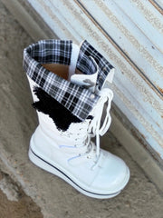 White Punk Platform Knee-high Boots with Bone Embroidery, Fold-over Cuff Design & Dual Closure