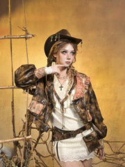 Millard Steampunk Brown PU Jacket with Asymmetrical Collar & 3D Orange Lace Pockets