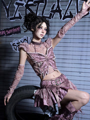 Y2K Pink Punk Distressed Tulle Top with Silver Graphics & Puff Sleeves