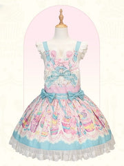 Blue & Pink Sweet Bunny and Cupcake Print Lolita Overall Dress