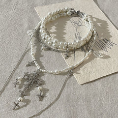 White Beaded Chain Necklace with Cross Pendant