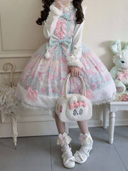 Light Green & Pink Cat Print Sweet Lolita Dress with Bow Accents and Fur Trim Hem
