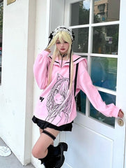 Black/Pink Sailor Collar Sweatshirt with Manga Girl Print and Ribbon Bow Back - Jirai Kei Style