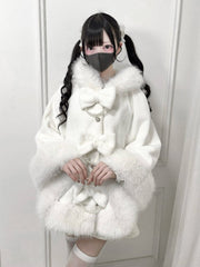 White Furry Jirai Kei Hooded Cape with Bow & Bead Chain Decor