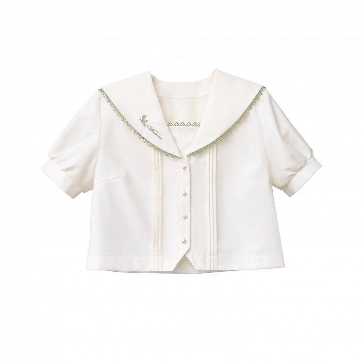Pleating Details Beige Sailor Collar Short Sleeves Top