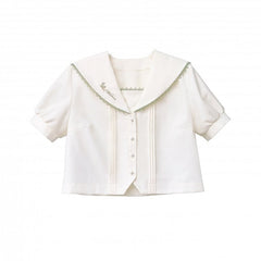 Pleating Details Beige Sailor Collar Short Sleeves Top