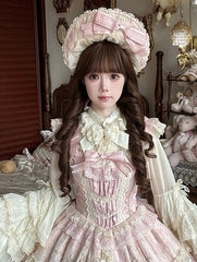 Pink & Beige Lace-trimmed Sweet Lolita Bonnet with Bow