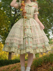 Green Bunny and Sunflower Print Puff Sleeves Sweet Lolita Dress with Overlay and Plaid Hem