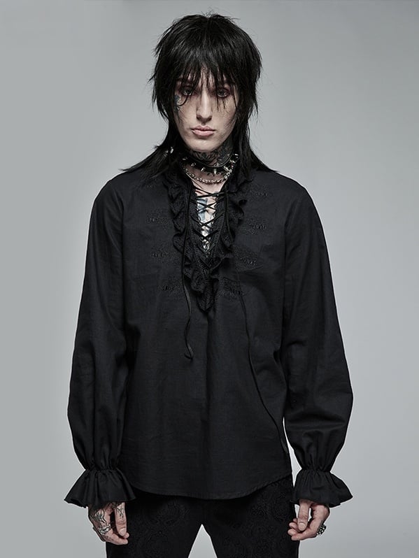 Men's Black Goth Skeleton Embroidered Shirt