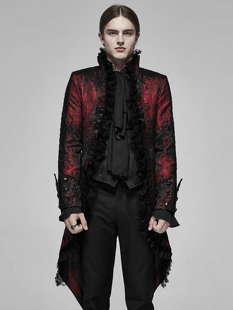 Men's Dark Red and Black Rococo Gorgeous Lace Tuxedo Coat