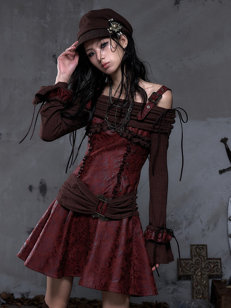 Vintage Punk A-Line Red PU Dress with Brown Knit Off-Shoulder Design & Bell Sleeves