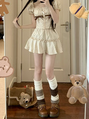 Ruffle Trim Brown Striped Skirt with Undies