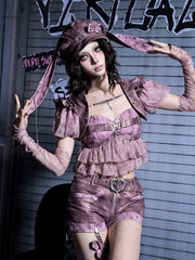 Y2K Pastel Punk Pink Sequin Crop Cami with Rhinestone Butterfly & Detachable Peplum