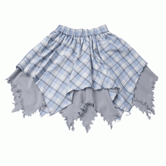 Frayed Handkerchief Hem Blue & White /Black & White Plaid Skirt