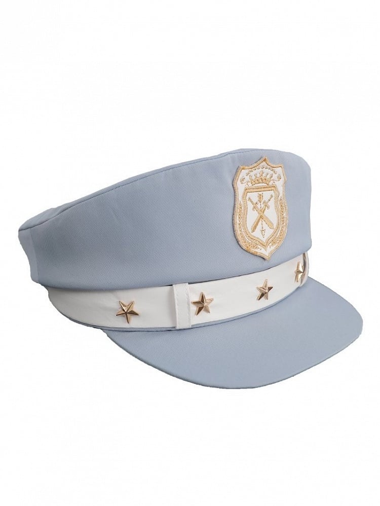 Blue Military Lolita Hat with Gold Embroidered Badge and Star Accents