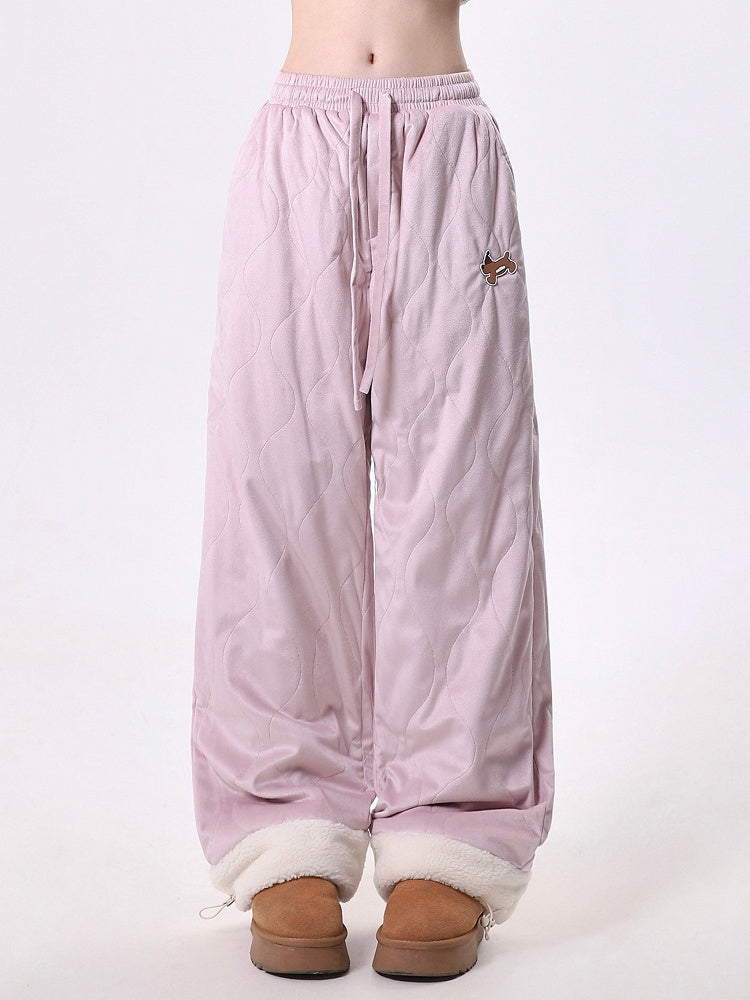 Snug Pink Wave Quilting Draped Pants with Playful Dog Embroidery & Plush Cuffs
