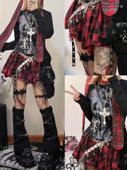 Y2K Red Plaid Mini Skirt - Tiered Skirt with Drooping Belt Accents