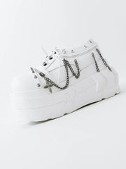 White Platform Shoes in Punk Goth  with Detachable Chain Charm, Pin and Studs Decor & Lace-up Closure