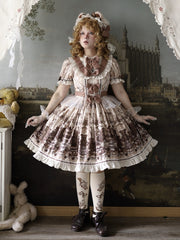 Brown Teddy and Cake Print Sweet Lolita Short Sleeves Dress