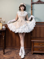 Clearance - Size S for Bust 88cm Champagne Striped Fabric Slim Fit Waist Layered Ruffle Neck Sweet Lolita Sleeveless Dress