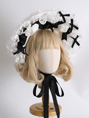Black&White Maid Lolita Floral Design Bowknot Details Lace Trim Bonnet