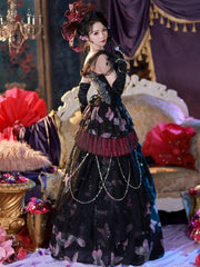 Black & Purple Butterfly Print Off-the-shoulder Lolita Dress+Skirt+Birdcage Petticoat+Hairclips+Necklace+Earrings+Wrist Cuffs Set