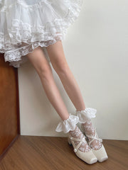 White Floral Pattern Semi-Sheer Socks with Embroidered Wide Trim