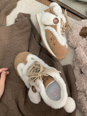 Sweet Lolita Brown Sneakers - Paw Embroidery, Plush Puppy Ears & Tail with Lace-Up Design